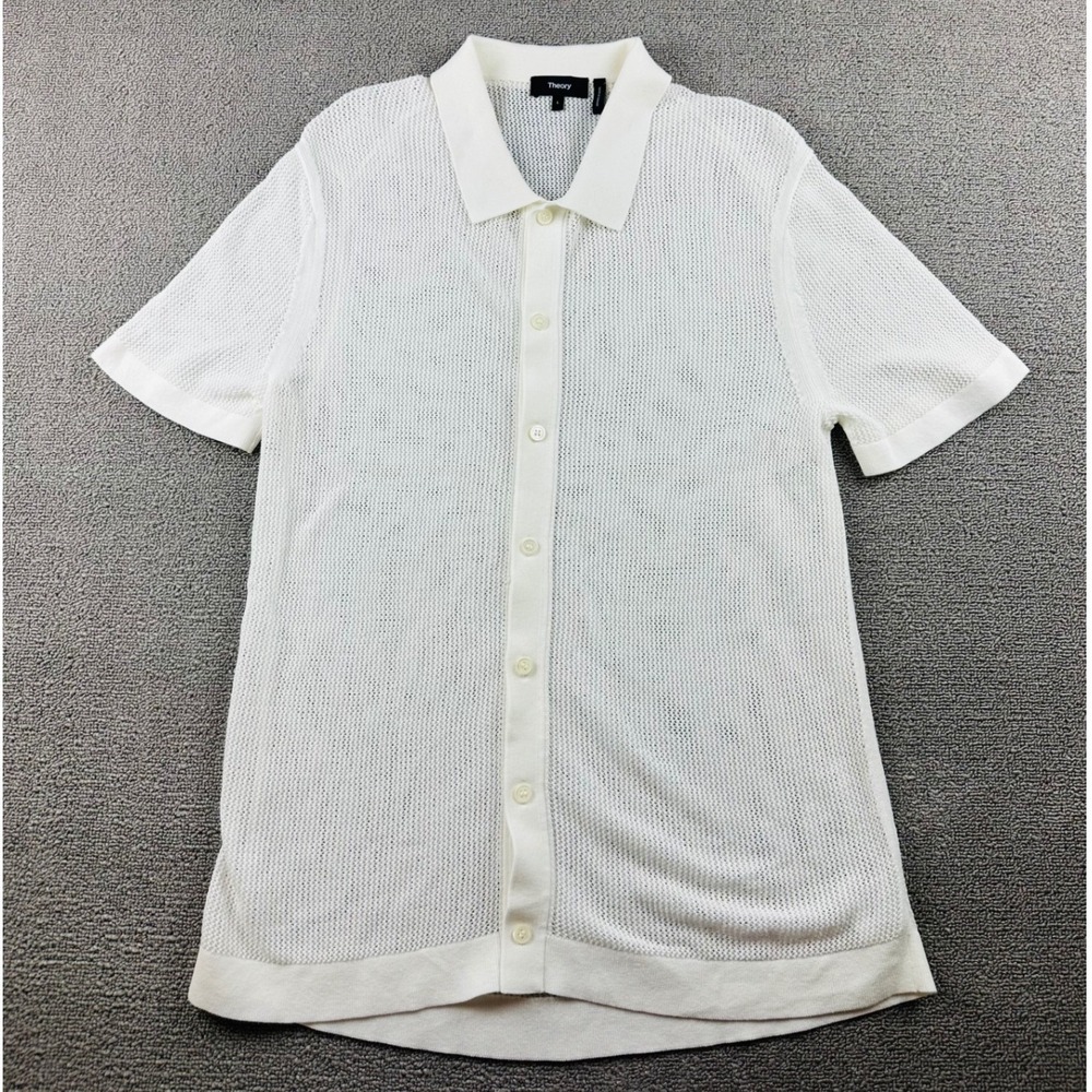 Theory Cairn Short Sleeve Shirt Men L White Relaxed Cotton Crochet Knit Summer